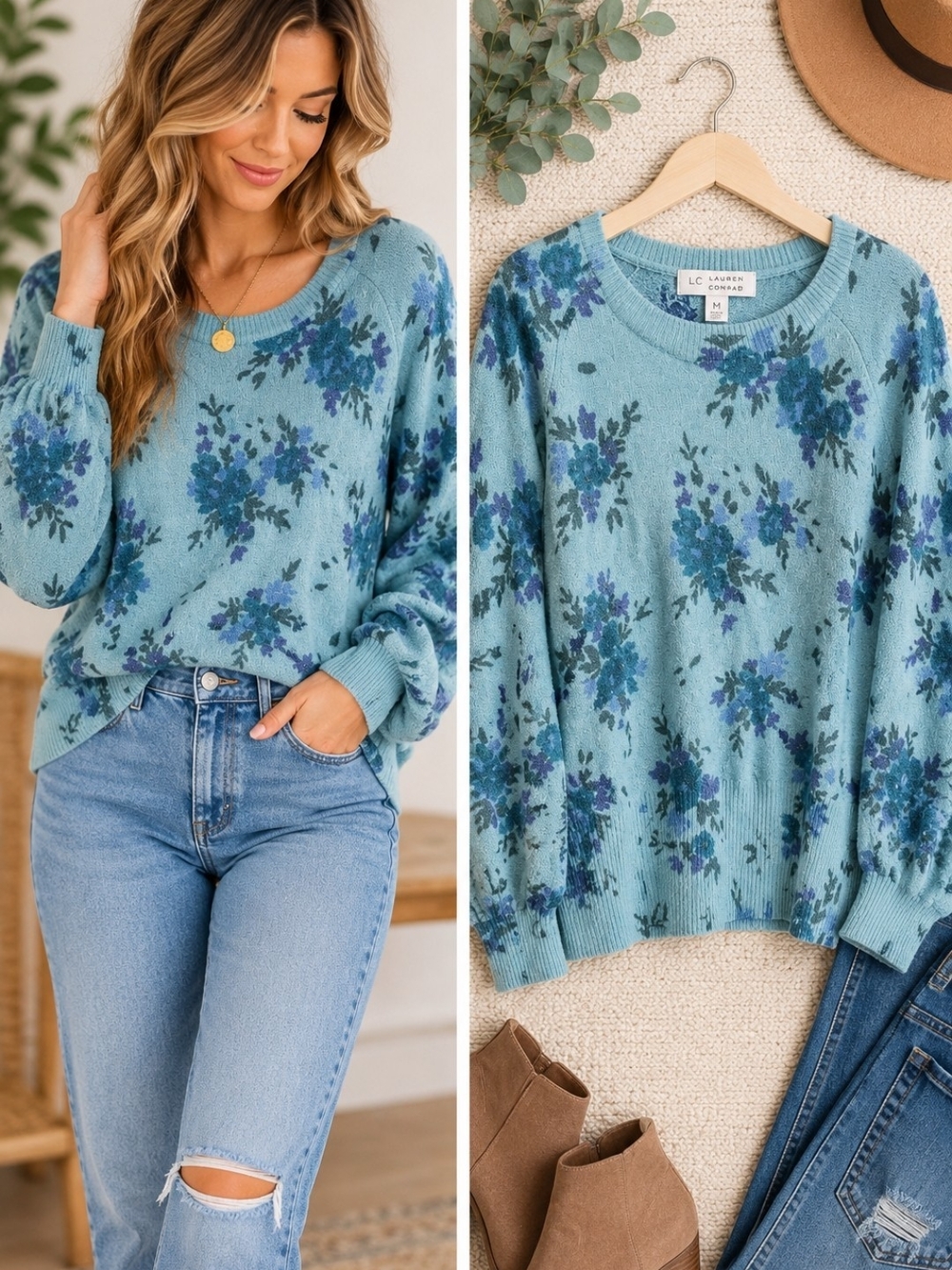 LC Lauren Conrad Blue Floral Cottagecore Boho Knit Sweater M Feminine